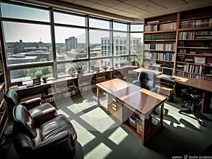 Wellorganized office with large windows and modern furniture