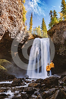 Wells Gray British Colombia Canada, Cariboo Mountains creates spectacular water flow of Helmcken Falls on the Murtle