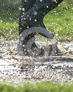 Welly boots splashing in puddles