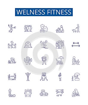 Welness fitness line icons signs set. Design collection of Wellness, Fitness, Exercise, Health, Nutrition, Diet