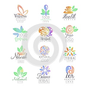 Welness, zen, yoga, herbal center, healthy food logo templates set of hand drawn watercolor vector Illustrations