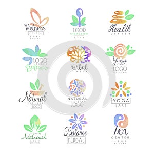 Welness, zen, yoga, herbal center, healthy food logo templates set of hand drawn watercolor vector Illustrations photo
