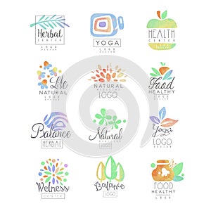 Welness, zen, yoga, herbal center, healthy food, natural life logo templates set of hand drawn watercolor vector