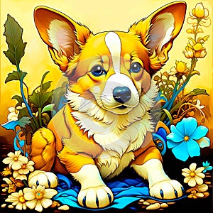 Welsh corgi dog, cute puppy sitting on a flower field, furry art, art, digital illustration, artwork