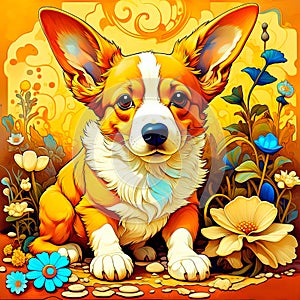 Welsh corgi dog, cute puppy sitting on a flower field, furry art, art, digital illustration, artwork