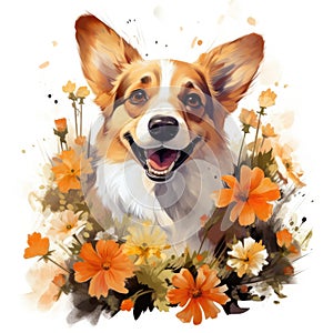 Welsh Corgi dog portrait with flowers. Watercolor illustration