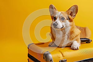 Welsh corgi dog in a suitcase on a yellow background.