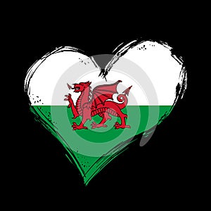 Welsh flag heart-shaped grunge background. Vector illustration.