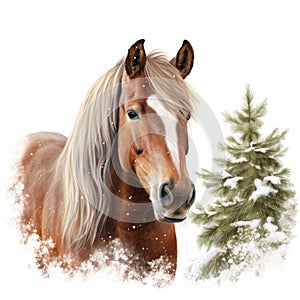 Welsh Pony Head In Snowy Cypress Forest photo