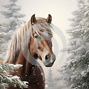 Welsh Pony Head In Snowy Cypress Forest - Realistic Horse Painting