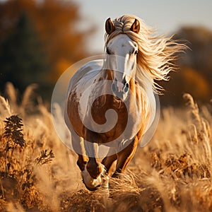 Welsh pony running and standing in high grass in sunset light, long mane, brown horse. generative ai