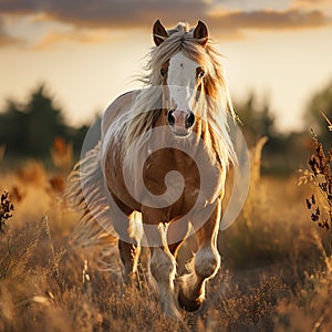 Welsh pony running and standing in high grass in sunset light, long mane, brown horse. generative ai