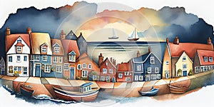 Welsh seaside town fishing village harbour scene watercolour Wales