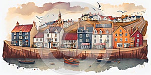 Welsh seaside town fishing village harbour scene watercolour Wales