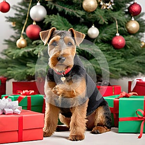 Welsh Terrier Posing By a Christmas Tree