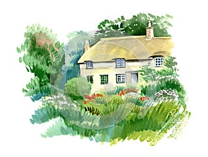 Welsh traditional house in the garden, England. Watercolor hand drawn landscape.