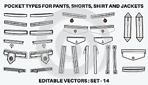 Welt and jetted Trouser pocket flat sketch vector illustration set, different types of Clothing Pockets for jeans pocket, denim,