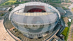 Wembley Stadium in London. Aerial View Photo Flying Over Iconic Football Arena