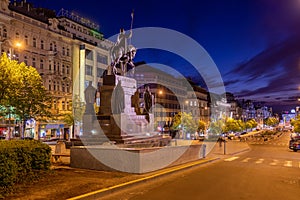 Wenceslas Square with equestrian statue of saint Vaclav in front of National Museum during a night in Prague, Czech Republic