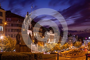 Wenceslas Square with equestrian statue of saint Vaclav in front of National Museum during a night in Prague, Czech Republic