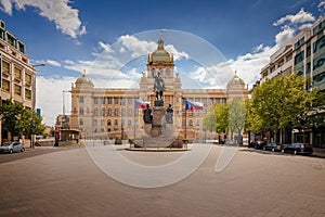 Wenceslas Square with equestrian statue of saint Vaclav in front of National Museum in Prague, Czech Republic Czechia