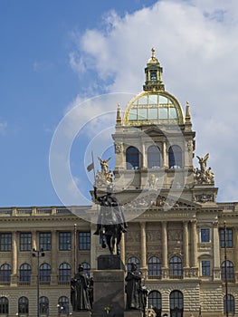 Wenceslas square in Prague in Central Europe with the equestrian statue of Saint Wenceslas and the Neorenaissance