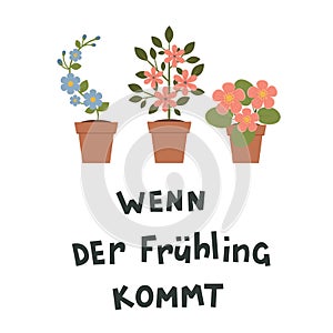 `Wenn der FrÃ¼hling kommt` German lettering with  potted flowers.