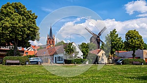 Werder on Havel, with Holy Spirit Church -Heilig Geist Kirche- and Bock Windmill -BockwindmÃ¼hle- , Potsdam, Germany