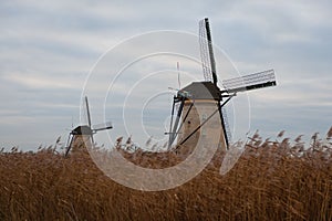 Werelderfgoed Kinderdijk windmills on brown grass field in Kinderdijk, Netherlands photo