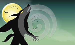 Werewolf howling on green spooky night background