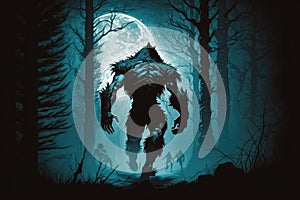 werewolf prowling through moonlit forest at night