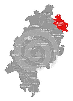 Werra-Meissner-Kreis county red highlighted in map of Hessen Germany