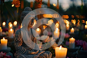 Wesak Day, Buddha statue outdoor. Flowers and lights decoration