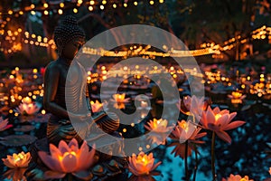 Wesak Day, Buddha statue outdoor. Flowers and lights decoration