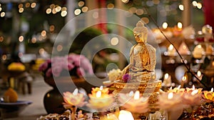 Wesak Day, Buddha statue outdoor. Flowers and lights decoration