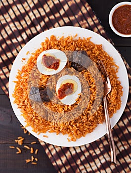 West Africa Rice Jollof with Beef and Boiled Egg
