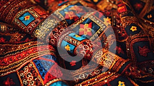 West African Kente Cloth close-up shot. Vibrant and richly patterned fabric from Ghana.