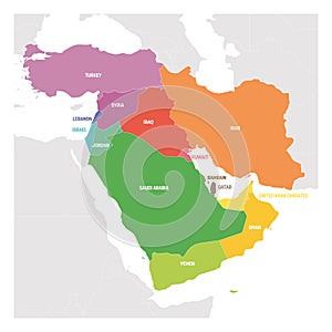 West Asia Region. Colorful map of countries in western Asia or Middle East. Vector illustration