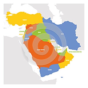 West Asia Region. Map of countries in western Asia or Middle East. Vector illustration