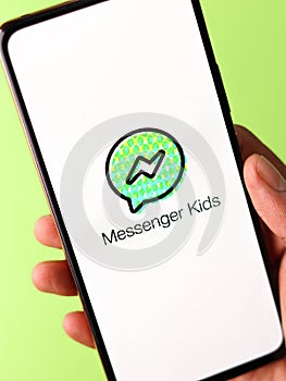 West Bangal, India - November 11, 2021 : Messenger Kids logo on phone screen stock image.