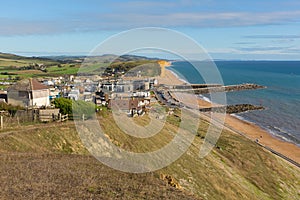 West Bay Dorset uk view to east of the Jurassic coast on a beautiful summer day with blue sky