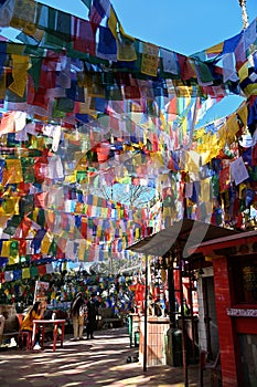 WEST BENGAL, INDIA - November 10, 2019: Colorful prayer flags at the Mahakal Temple, Darjeeling