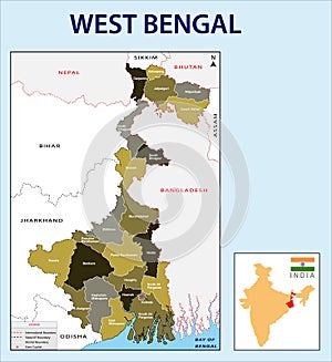 West Bengal map. Showing International and State boundary and district boundary of West Bengal. Political and administrative color