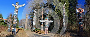 West Coast First Nations Totem Poles Banner, Stanley Park, Vancouver, British Columbia, Canada