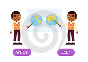 WEST and EAST antonyms word card vector template, Opposites concept. F