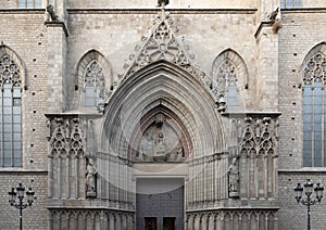 The West entrance to the Basilica De Santa Maria Del Mar in the Ribera district of Barcelona, Spain.