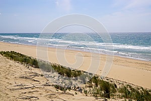 West french atlantic coast in le porge beach with sea sandy horizon view from France