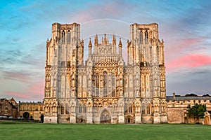 West front of Wells Cathedral at sunset