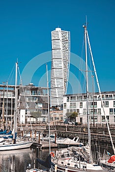 The west harbour area with the Turning Torso skyscraper in Malmo, Sweden.