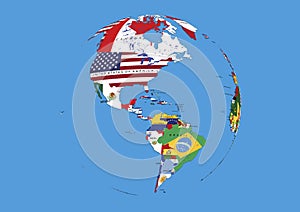 West hemisphere North South America world globe flags map